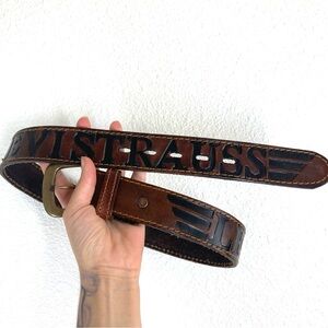 Vintage Levi's Strauss Leather Tooled Belt Brown Gold Buckle Size 30